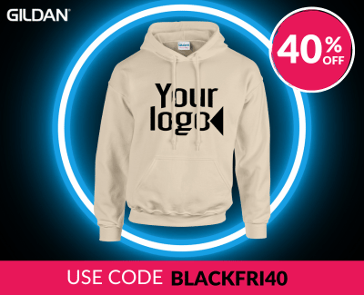 An off-white hoodie with the placeholder text 'your logo.' The background has a neon circle design, with the Beechfield brand logo and a circular badge displaying '40% off.' A pink banner at the bottom says 'Use code BLACKFRI40'.